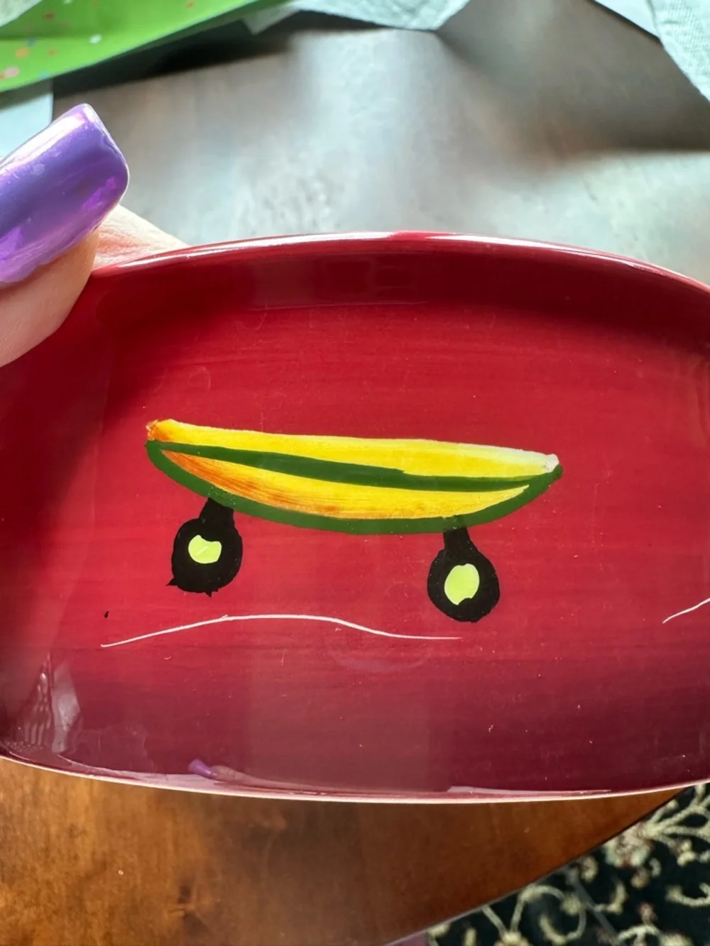 Hand-Painted Dog Skateboard Ceramic Bowl - Red, Green, Blue